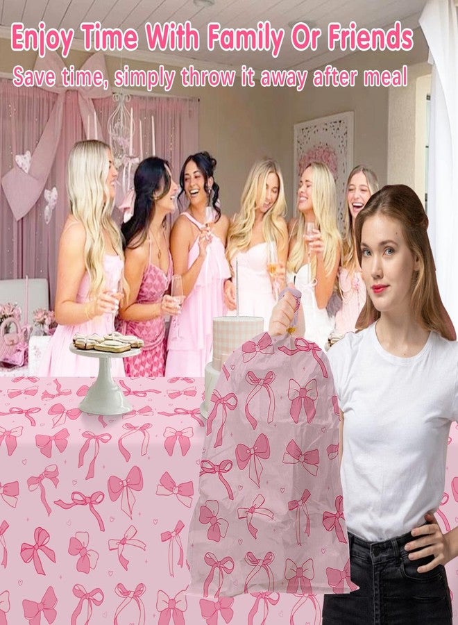 Homanu 3 Pack Pink Birthday Bow Party Decorations Tablecloths, Large Size 54 X 108 Inch Bow Table Cloth Plastic Table Cover Girls Birthday Tablecloth Rectangular - Image 2