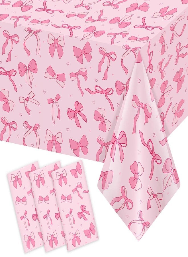 Homanu 3 Pack Pink Birthday Bow Party Decorations Tablecloths, Large Size 54 X 108 Inch Bow Table Cloth Plastic Table Cover Girls Birthday Tablecloth Rectangular - Image 1