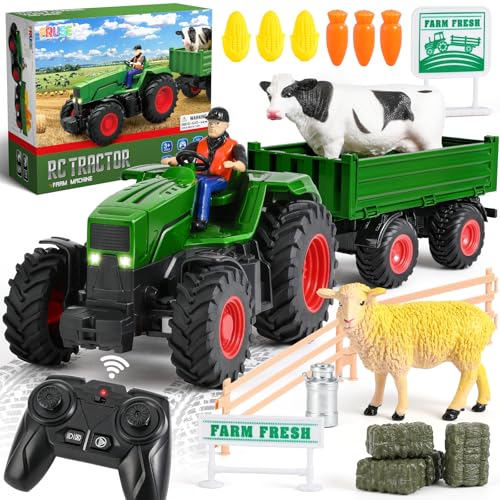 FRUSE Remote Control Tractor ToyRC Tractor Set Truck and TrailerTruck Toys with 2 Rechargeable BatteriesLightFarm Toys Include CowsSheep and Hay BalesToys for 3 4 5 6 7 8 Years Old Boys Girl - Image 1