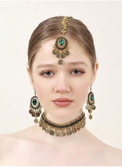 Elegant Gold-Plated Jewelry Set with Emerald-Green Stones – Includes Headpiece, Dangling Earrings, and Choker Necklace with Coin-Inspired Details – Perfect for Weddings and Special Occasions