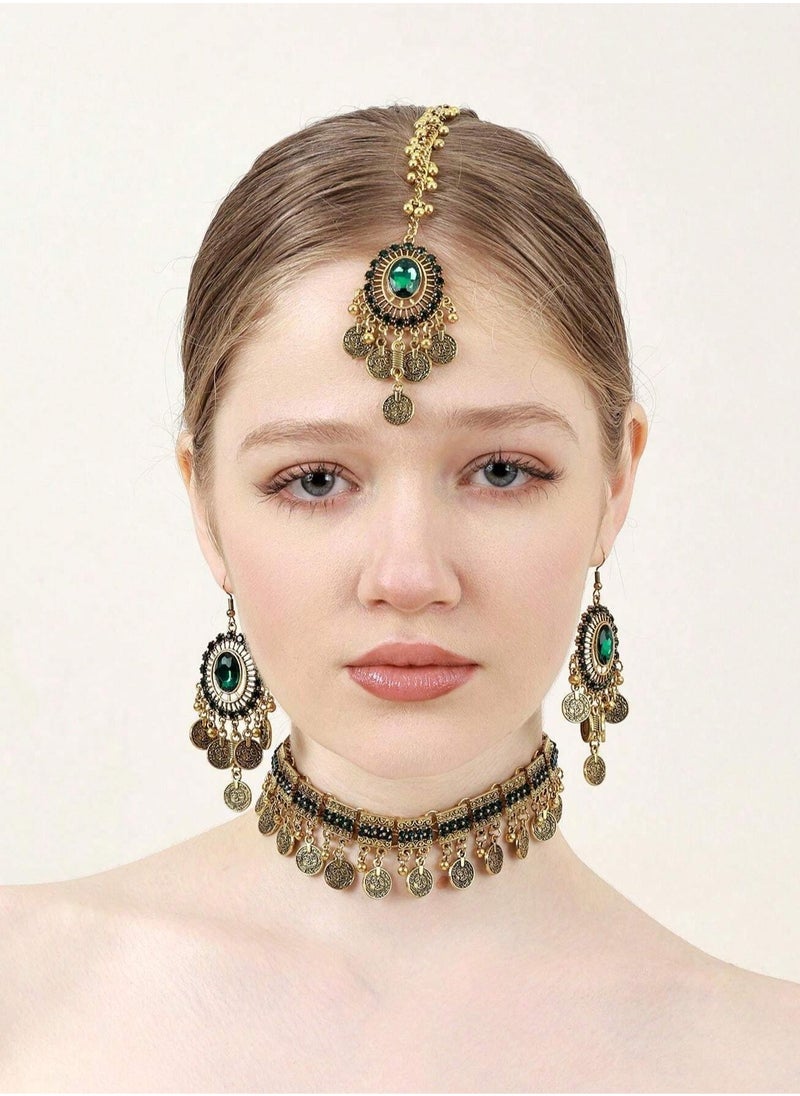 Generic - Elegant Gold-Plated Jewelry Set with Emerald-Green Stones – Includes Headpiece, Dangling Earrings, and Choker Necklace with Coin-Inspired Details – Perfect for Weddings and Special Occasions - Image 1