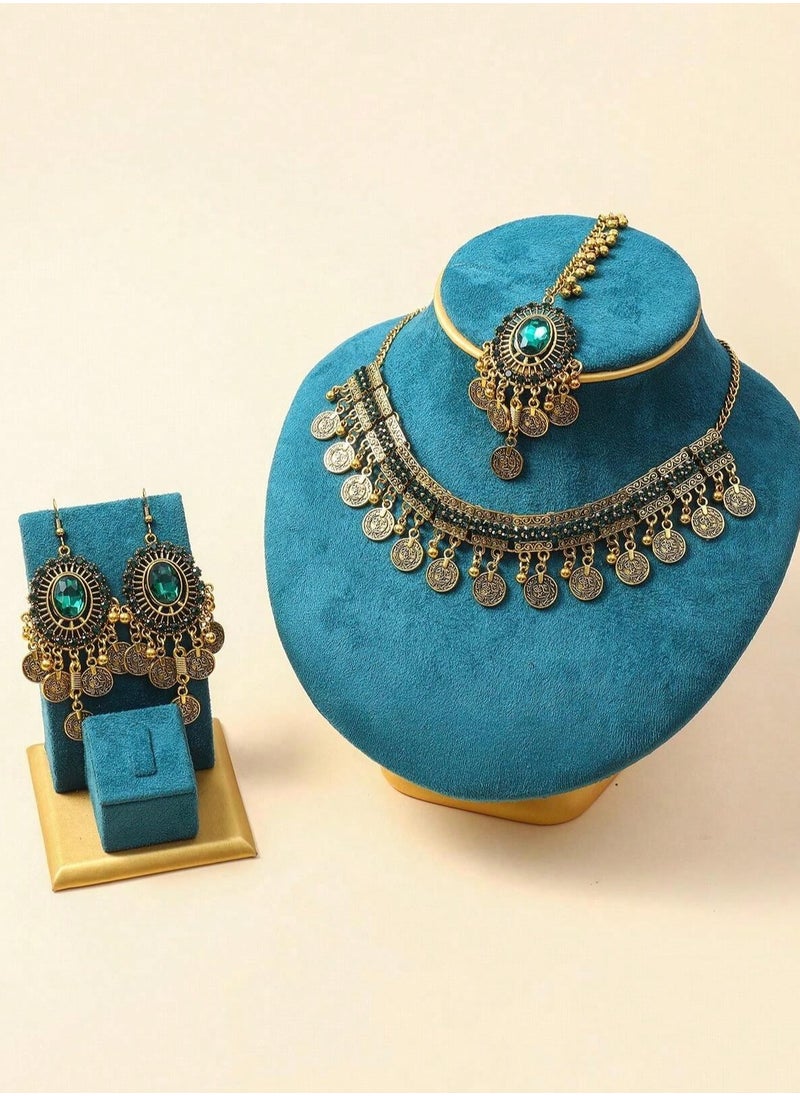 Generic - Elegant Gold-Plated Jewelry Set with Emerald-Green Stones – Includes Headpiece, Dangling Earrings, and Choker Necklace with Coin-Inspired Details – Perfect for Weddings and Special Occasions - Image 1