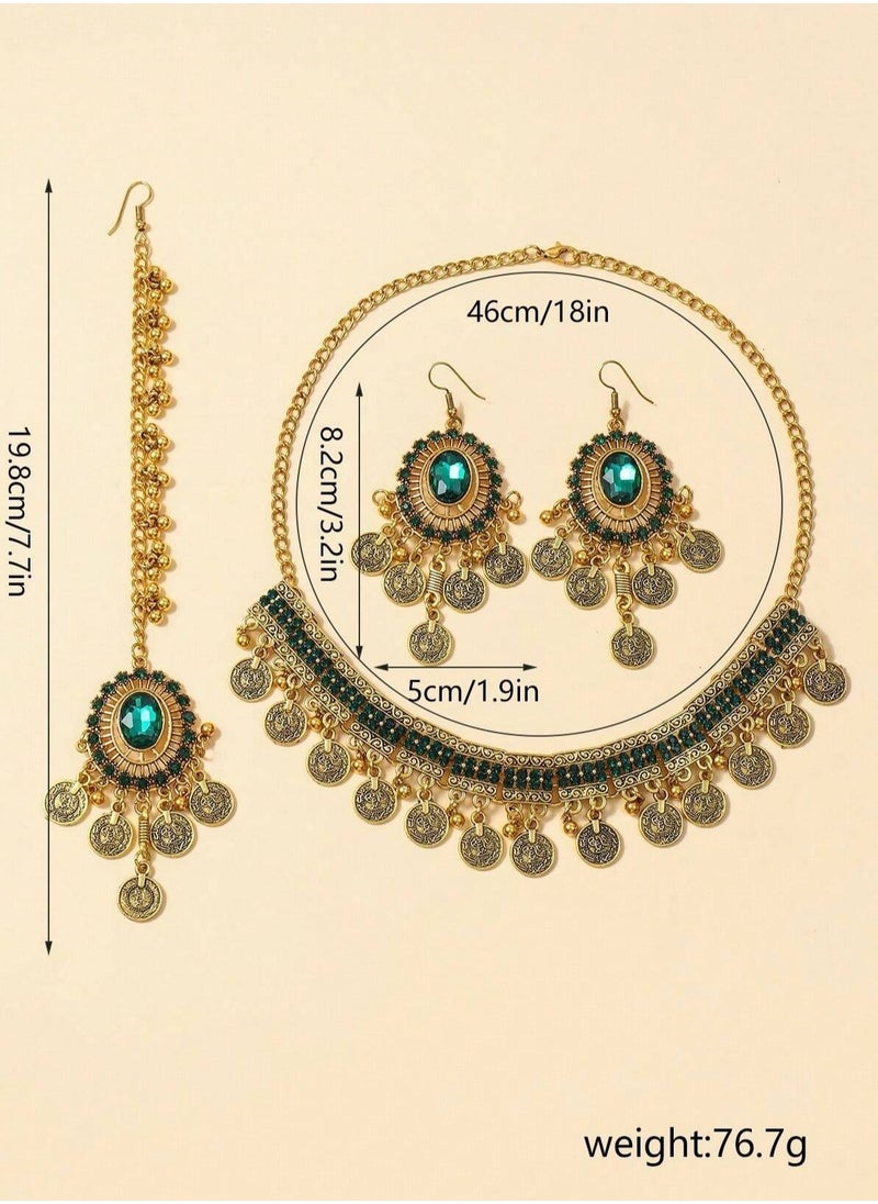 Generic - Elegant Gold-Plated Jewelry Set with Emerald-Green Stones – Includes Headpiece, Dangling Earrings, and Choker Necklace with Coin-Inspired Details – Perfect for Weddings and Special Occasions - Image 1