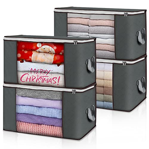 Budding Joy Large Storage Bags, 4 Pack Clothes Storage Bins Foldable Closet Organizers Storage Containers with Durable Handles Thick Fabric for Blanket Comforter Clothing Bedding 90 L (Gray) - Image 1
