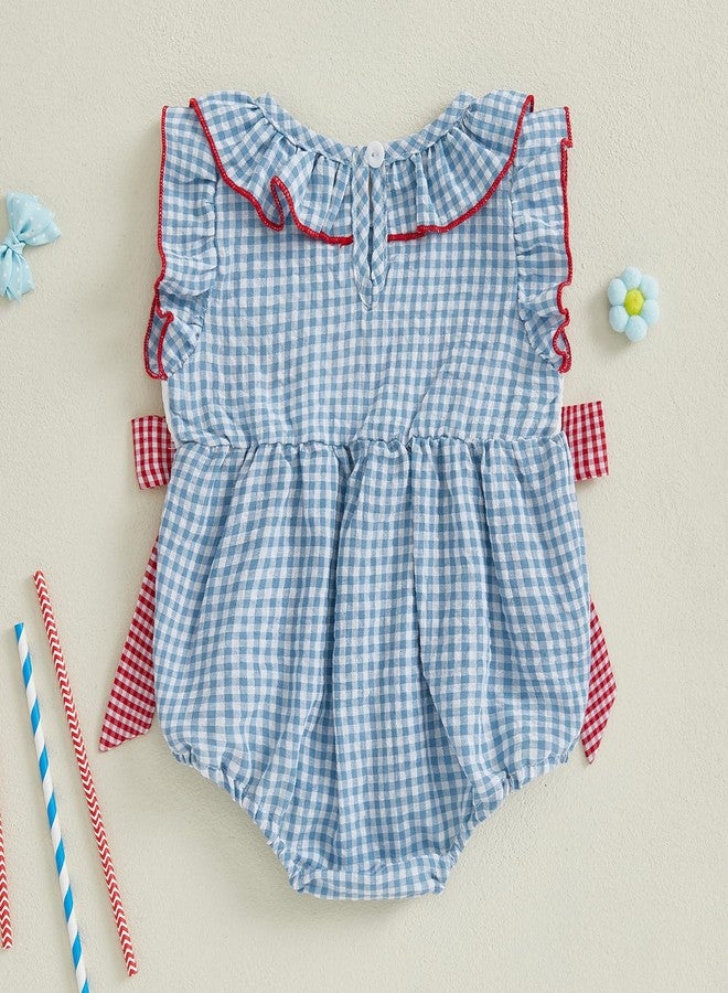 SAYOO 4th of july Baby Girl Outfit Fourth of July USA Flag Embroidery Smocked Romper Independence Day Bodysuits with Big Bow (C Blue, 3-6 Months) - Image 3