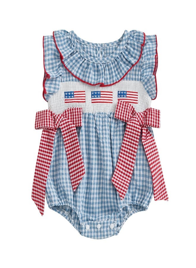 SAYOO 4th of july Baby Girl Outfit Fourth of July USA Flag Embroidery Smocked Romper Independence Day Bodysuits with Big Bow (C Blue, 3-6 Months) - Image 1