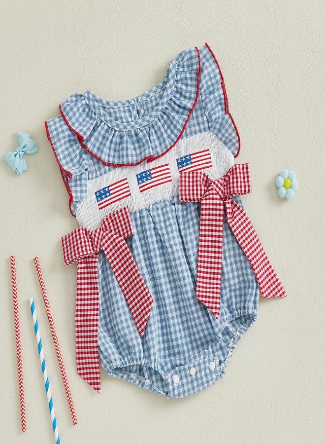 SAYOO 4th of july Baby Girl Outfit Fourth of July USA Flag Embroidery Smocked Romper Independence Day Bodysuits with Big Bow (C Blue, 3-6 Months) - Image 2