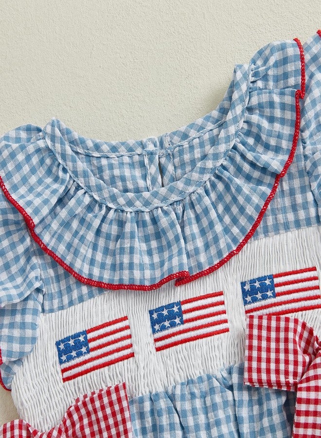 SAYOO 4th of july Baby Girl Outfit Fourth of July USA Flag Embroidery Smocked Romper Independence Day Bodysuits with Big Bow (C Blue, 3-6 Months) - Image 4