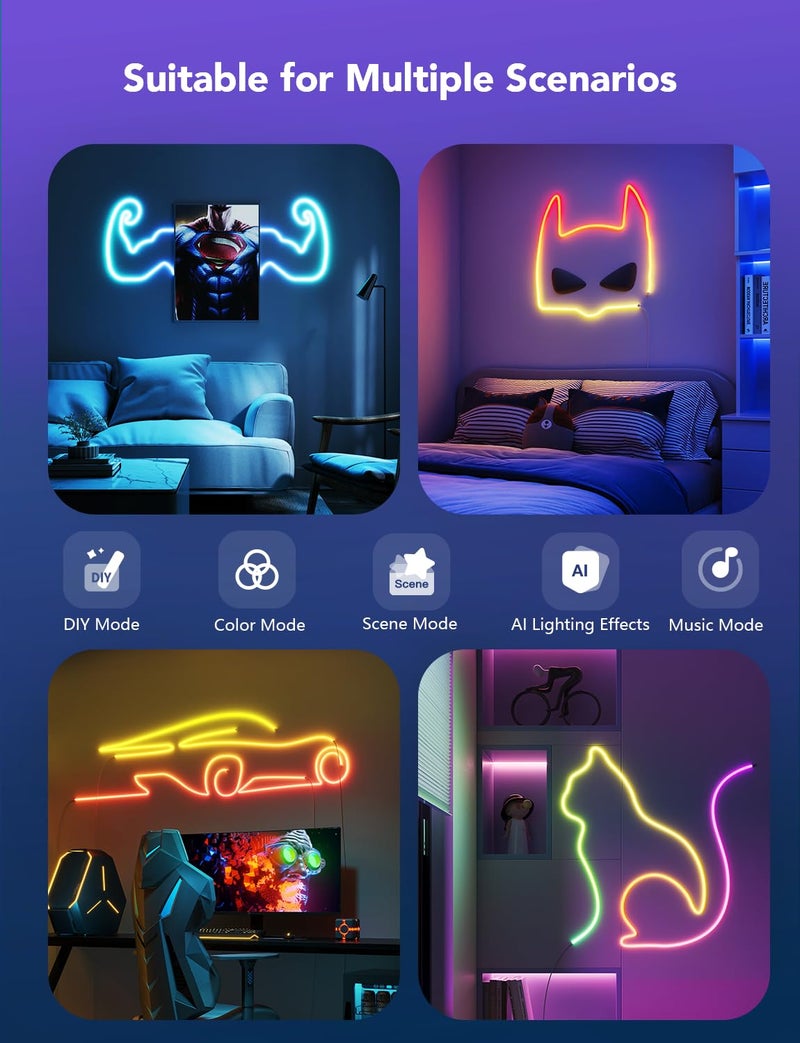 Govee RGBIC Neon Lights, LED Smart Neon Rope Light 2 Works with Matter, Alexa, Google Assistant, Custom DIY Neon Strip Lights for Bedroom and Wall Decor, Softer Material, 16.4ft, White - Image 5