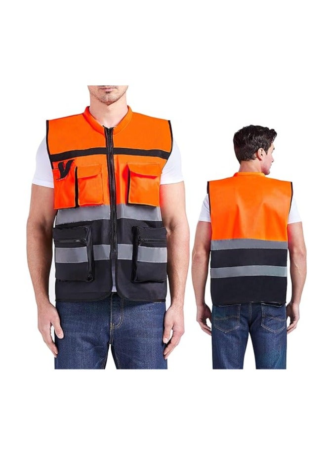 OSCO-TOOLS Orange & Black Engineer Vest with Zipper - 209g, a high-quality safety vest, lightweight, comfortable, and practical for engineers and work teams at construction and industrial sites. - Image 1