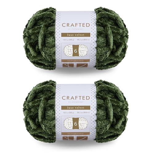 Crafted by Catherine Luxe Velvet Solid Yarn - 2 Pack (300 g / 10.5 oz, 98 Yards Each Skein), Olive, Gauge 6 Super Bulky - Image 1