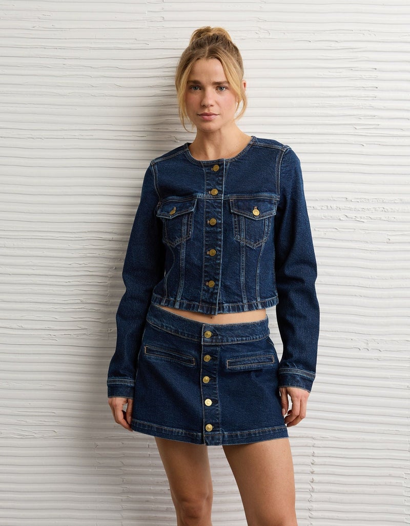 American Eagle AE Collarless Cinched Denim Jacket - Image 1