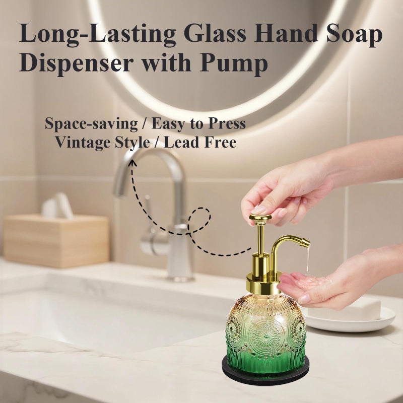 Amolliar 8 Oz Vintage Glass Bathroom Soap Dispensers with Pump, Refillable Kitchen Dish Soap Dispenser with Stripe, Antique Rustic Hand Soap Liquid Bottle (Green Gradient-Golden Pump) - Image 4