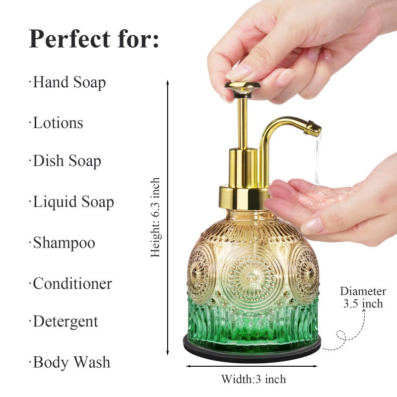 Amolliar 8 Oz Vintage Glass Bathroom Soap Dispensers with Pump, Refillable Kitchen Dish Soap Dispenser with Stripe, Antique Rustic Hand Soap Liquid Bottle (Green Gradient-Golden Pump) - Image 2