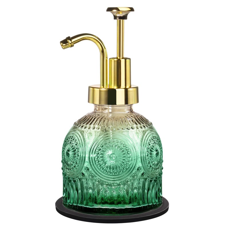 Amolliar 8 Oz Vintage Glass Bathroom Soap Dispensers with Pump, Refillable Kitchen Dish Soap Dispenser with Stripe, Antique Rustic Hand Soap Liquid Bottle (Green Gradient-Golden Pump) - Image 1
