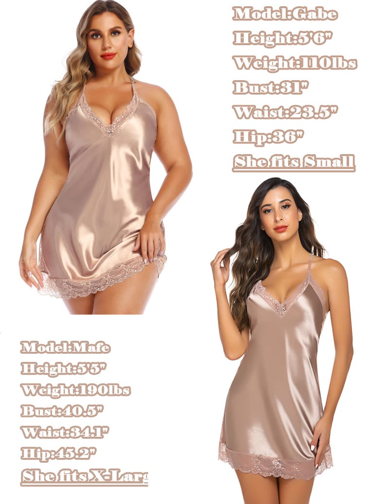 Avidlove Women Lingerie Satin Lace Chemise Nightgown Sexy Full Slips Sleepwear Coffee Large - Image 4
