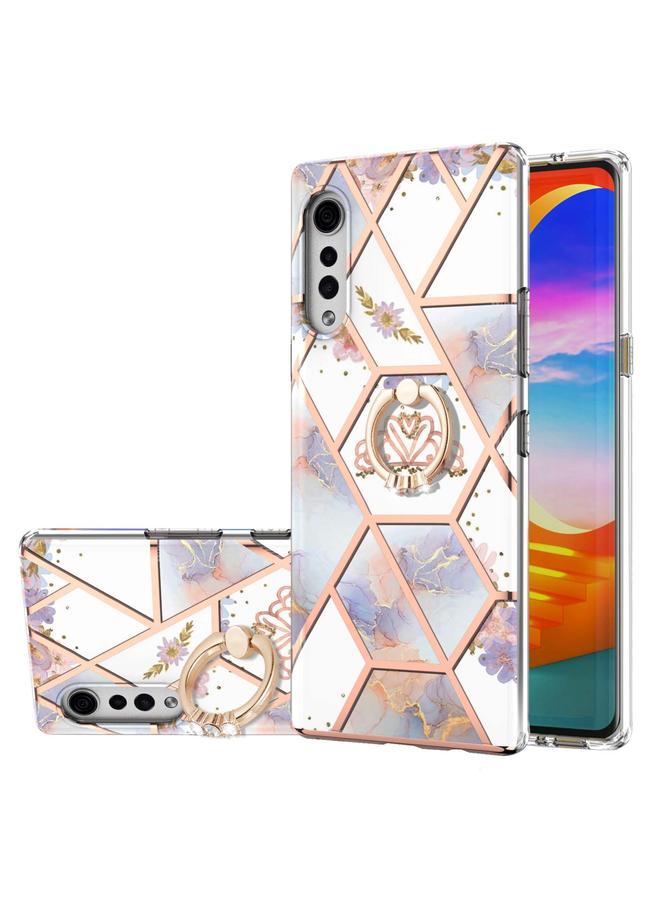 The Bros Case For LG Velvet Electroplating Splicing Marble Flower Pattern TPU Shockproof Case with Rhinestone Ring Holder