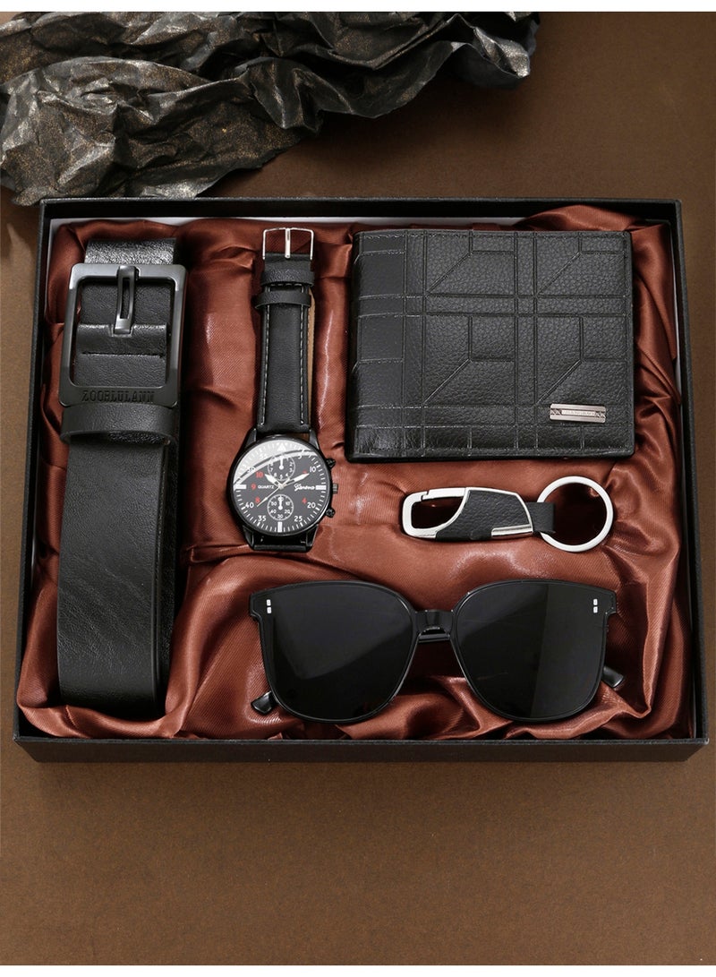 Men's Black Business Fashion Versatile Watch Gift Box Set, featuring a black watch paired with a matching color belt, wallet, keychain, and sunglasses, suitable for daily and business use. It is the perfect holiday birthday gift for him - Image 1