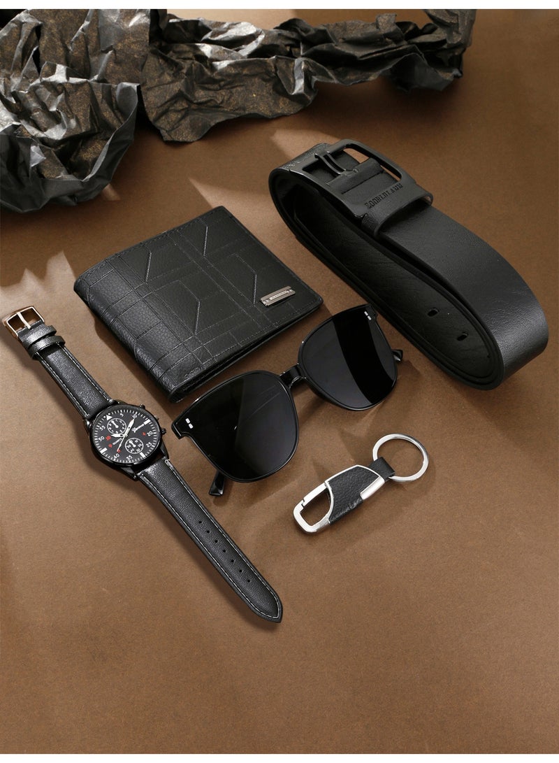 Men's Black Business Fashion Versatile Watch Gift Box Set, featuring a black watch paired with a matching color belt, wallet, keychain, and sunglasses, suitable for daily and business use. It is the perfect holiday birthday gift for him - Image 2