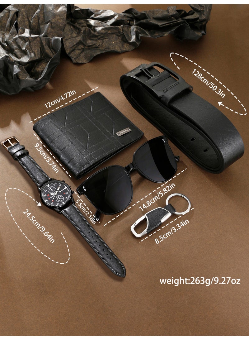 Men's Black Business Fashion Versatile Watch Gift Box Set, featuring a black watch paired with a matching color belt, wallet, keychain, and sunglasses, suitable for daily and business use. It is the perfect holiday birthday gift for him - Image 3