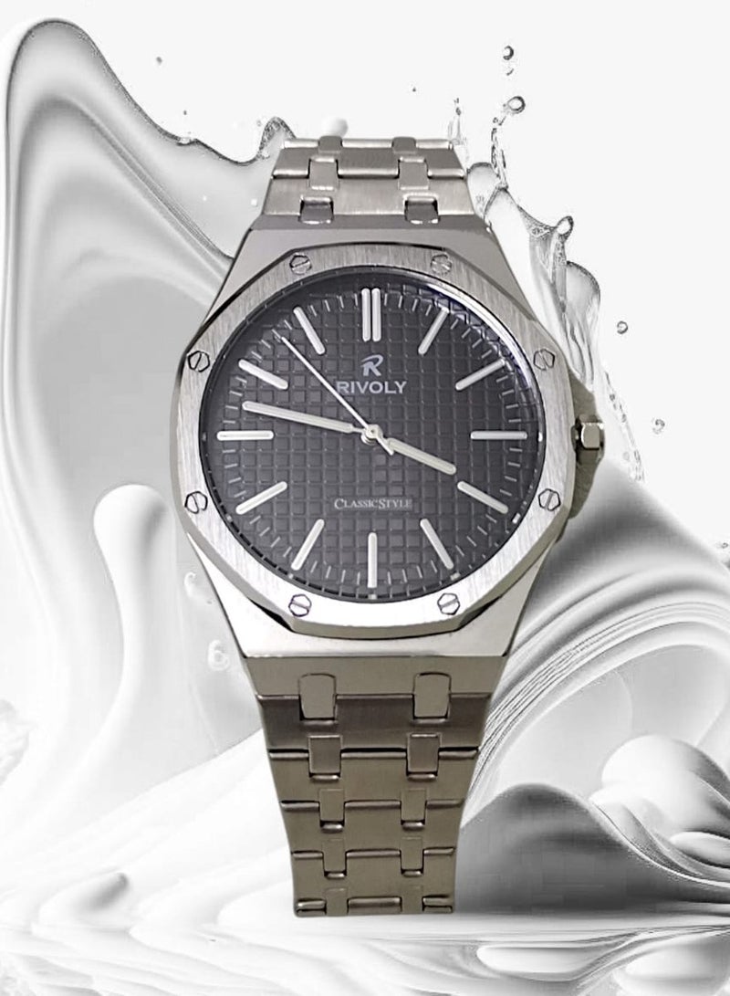 ريفولي ساعة يد للرجال من الستانلس ستيل بعرض انالوج وحركة كوارتز ، سهلة القراءة بتصميم عصري مقاوم للماء، ساعة يد كلاسيكية فاخرة بواجهة كبيرة - Image 1