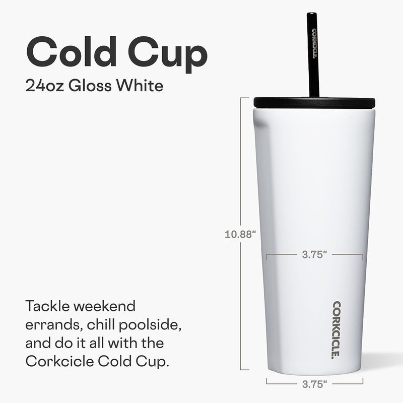 CORKCICLE Cold Cup Insulated Tumbler with Straw - Keeps Drinks Cold for 12 Hours - Triple-Insulated Stainless Steel - Leak-Resistant Lid - Summer Drinkware Gift - 24 oz - Gloss White - Image 1
