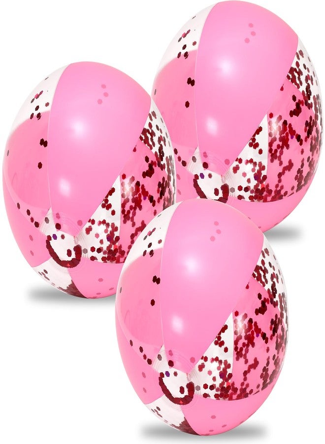Whaline 3Pcs Glitter Inflatable Beach Ball 16 Inch Round Pink Confetti Pool PVC Balls Cute Game Toys for Summer Hawaiian Tropical Theme Beach Party Decor (Pink) - Image 1
