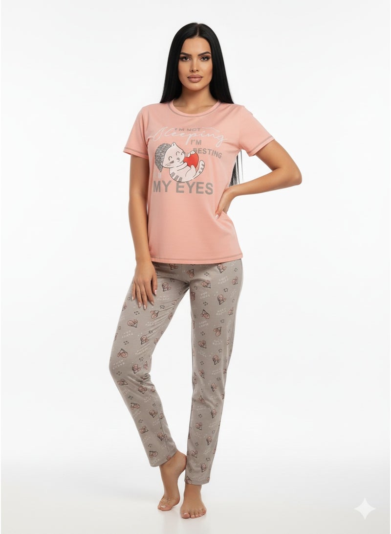 جوانا طقم بيجاما نسائي بأكمام قصيرة وبنطال طويل مطبوع بعبارة "لست نائمة، أنا أريح عينيّ"، زهري فاتح، XL - Image 4