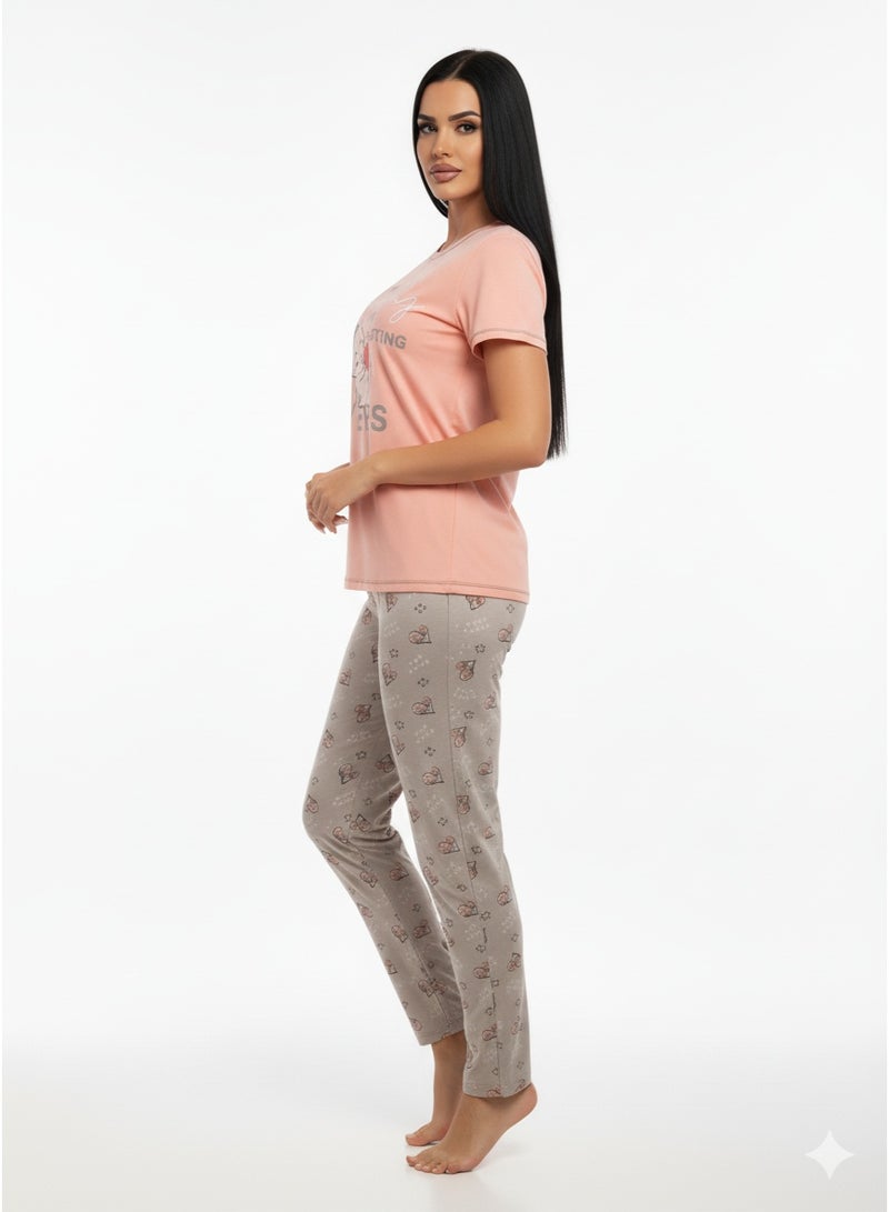 جوانا طقم بيجاما نسائي بأكمام قصيرة وبنطال طويل مطبوع بعبارة "لست نائمة، أنا أريح عينيّ"، زهري فاتح، XL - Image 5