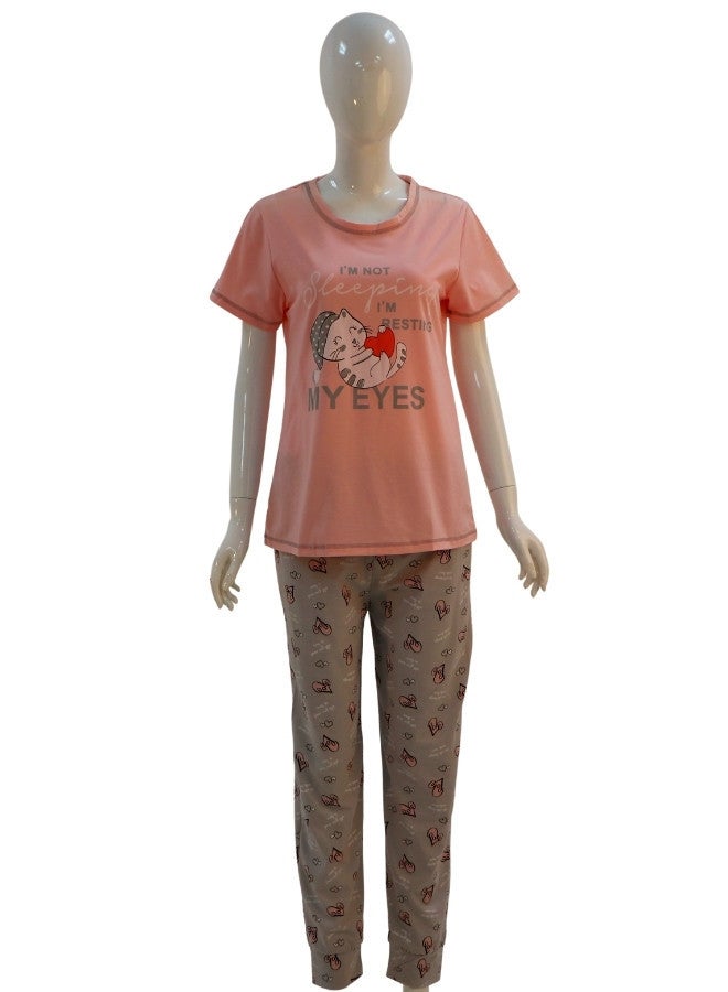 JOANNA JOANNA Women's I'm Not Sleeping I'm Resting My Eyes Print Short Sleeve Shirt & Long Pants Pajama Set, Baby Pink - Image 1