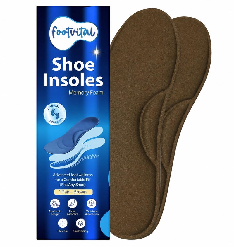 Footvital Memory Foam Shoe Insoles - Size 8 (Brown) (1 Pair) – Comfort Cushion Insoles for Men & Women, Shock Absorbing Shoe Inserts for Everyday Walking, Work Shoes & Sneakers – Soft Fit Foot Support - Image 1