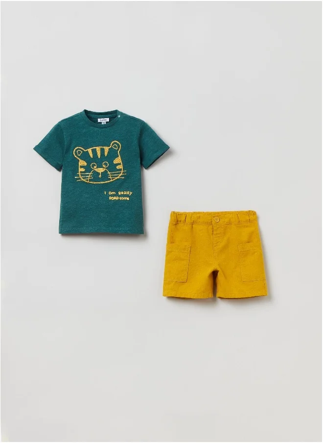او في اس OVS T-Shirt And Shorts Set With Embroidered Tiger