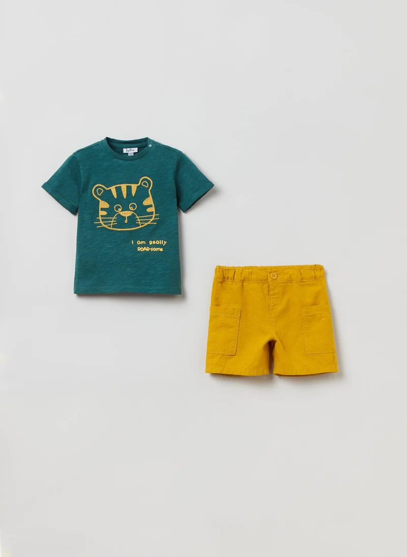 او في اس OVS T-Shirt And Shorts Set With Embroidered Tiger