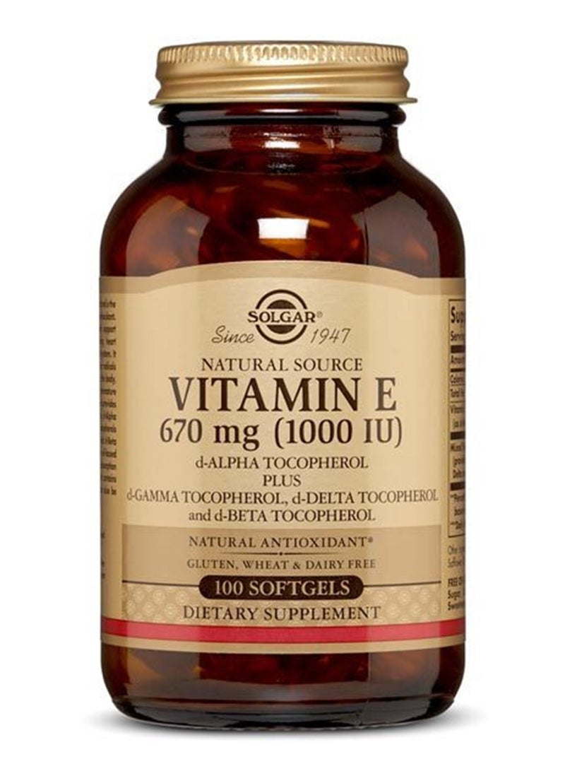 Solgar Naural Source Vitamin E 670 Mg (1000 Iu) Dietary Supplement Natural Antioxidant Gluten, Wheat And Diary Free 100 Vegetable Softgels - Image 1