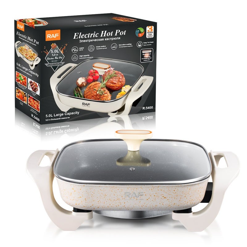 RAF R.5400 Electric Hot Pot 5L Large Capacity 1200W Non‑Stick Multi‑Function Electric Cooking Pot, Knob Control Easy To Clean For Home  Cooking - Image 3