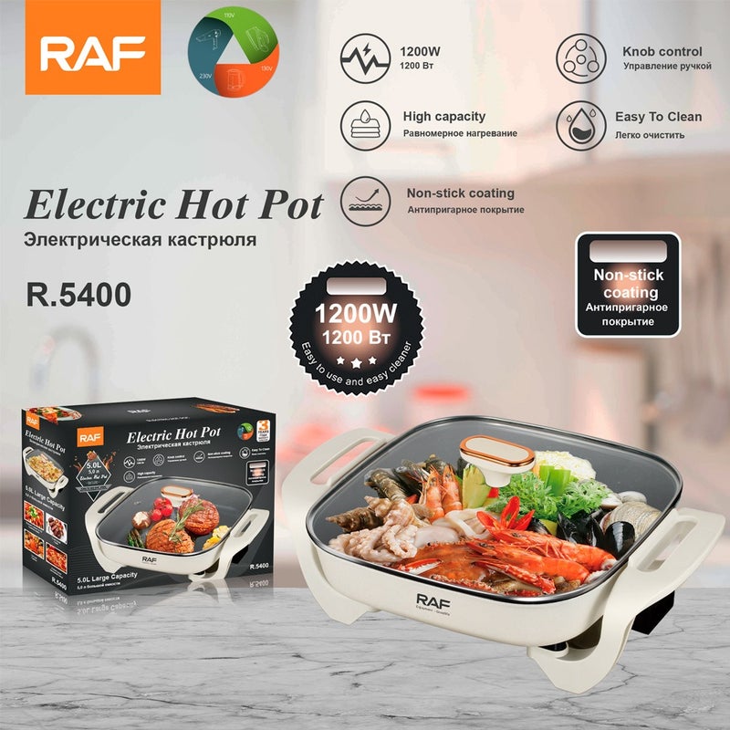 RAF R.5400 Electric Hot Pot 5L Large Capacity 1200W Non‑Stick Multi‑Function Electric Cooking Pot, Knob Control Easy To Clean For Home  Cooking - Image 2