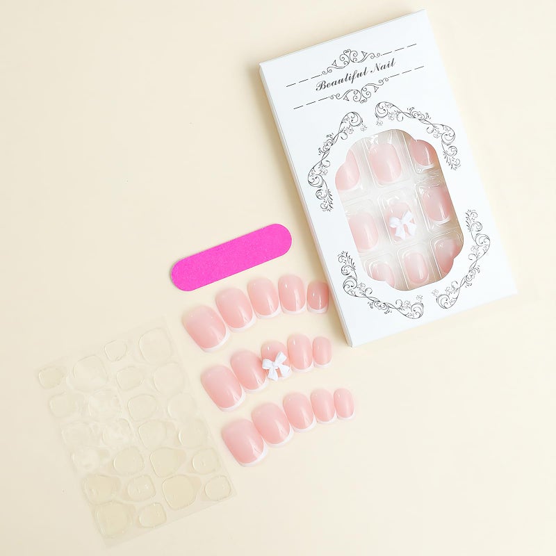 Mkwntg French Tip Press on Nails - Short Square Fake Nude False Nails With 3D Resin Bow Charm Designs - Glossy White French Glue on Cute Bow Stick on Nails for Women Girls - 24Pcs - Image 3