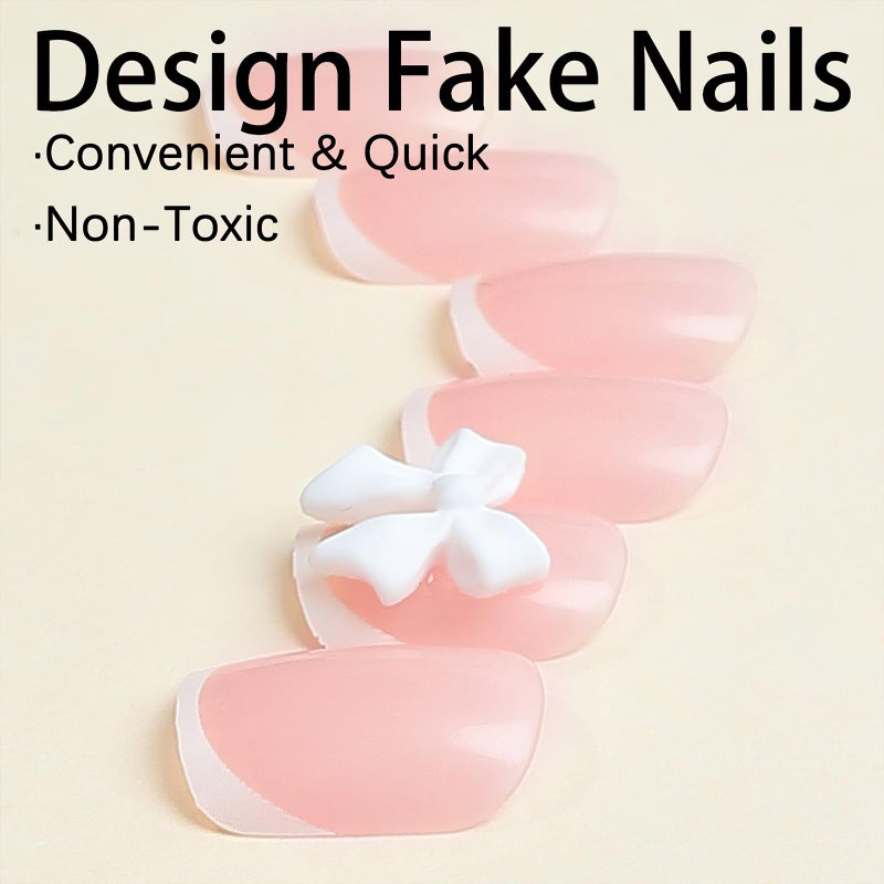 Mkwntg French Tip Press on Nails - Short Square Fake Nude False Nails With 3D Resin Bow Charm Designs - Glossy White French Glue on Cute Bow Stick on Nails for Women Girls - 24Pcs - Image 2