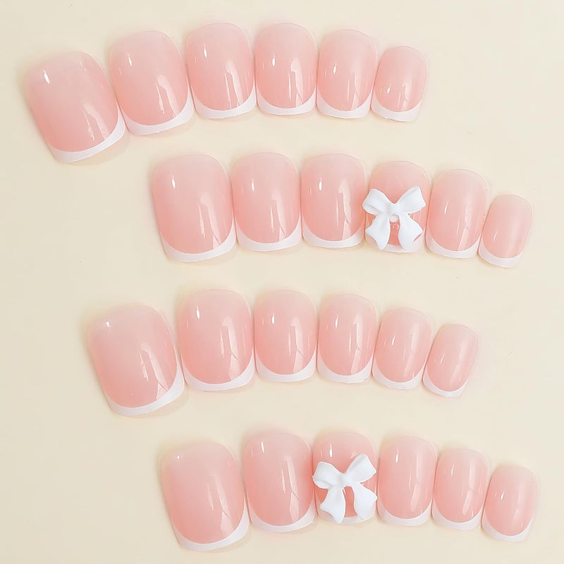 Mkwntg French Tip Press on Nails - Short Square Fake Nude False Nails With 3D Resin Bow Charm Designs - Glossy White French Glue on Cute Bow Stick on Nails for Women Girls - 24Pcs - Image 4