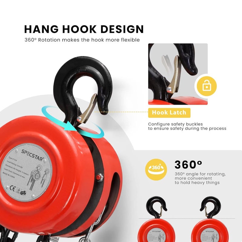 SPECSTAR Store Hand Chain Hoist 2 Ton 4400 Lbs Capacity 10 Feet with 2 Heavy Duty Hooks, Manual Chain Fall for Warehouse Building Automotive Machinery Red - Image 2