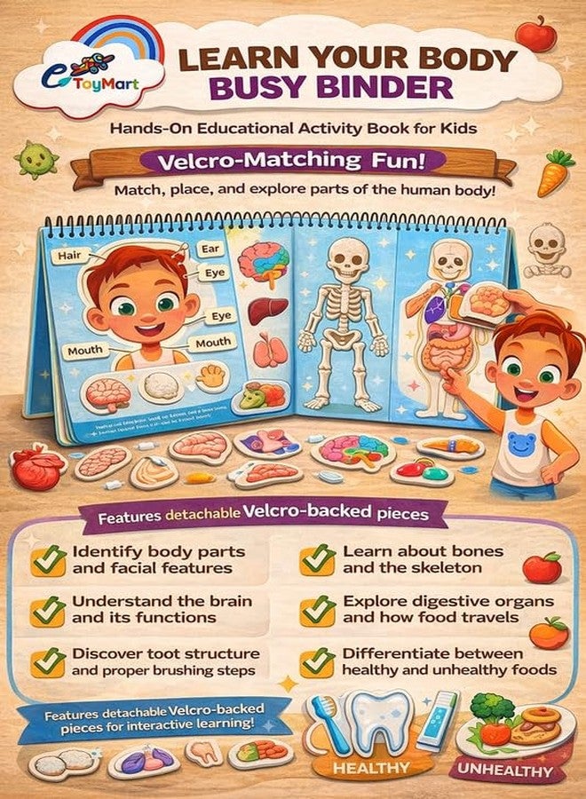 eToymart Busy Binder Book for Toddlers - Learn Your Body (Level 3) | Human Body Educational Book for Kids | Montessori Learning Busy Board & Activity Velcro Book for Kids 4-8 Years - Image 4