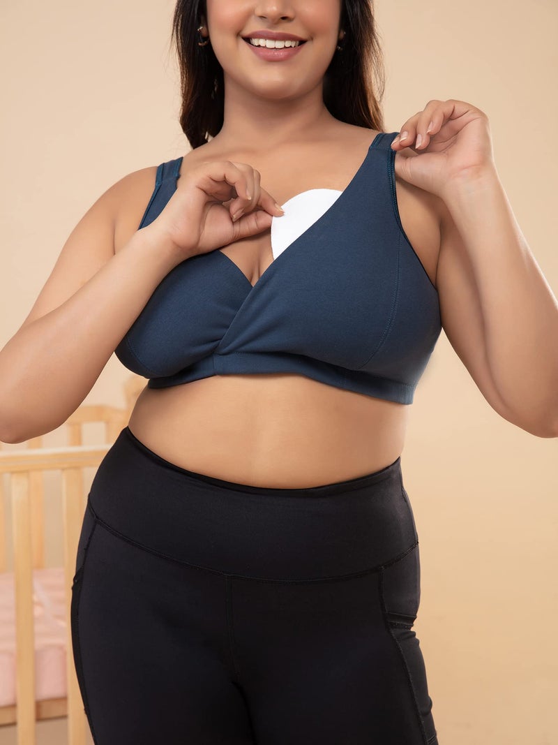 NYKD Cotton Maternity Bra for Women Feeding/Nursing, Removeable Pads, Wireless, Full Coverage with Overlap for Feeding (Slip on Bra)-NYB129-Navy Blue-S - Image 2