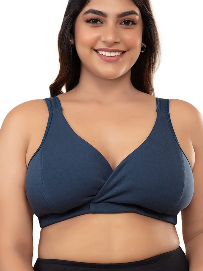 NYKD Cotton Maternity Bra for Women Feeding/Nursing, Removeable Pads, Wireless, Full Coverage with Overlap for Feeding (Slip on Bra)-NYB129-Navy Blue-S - Image 1