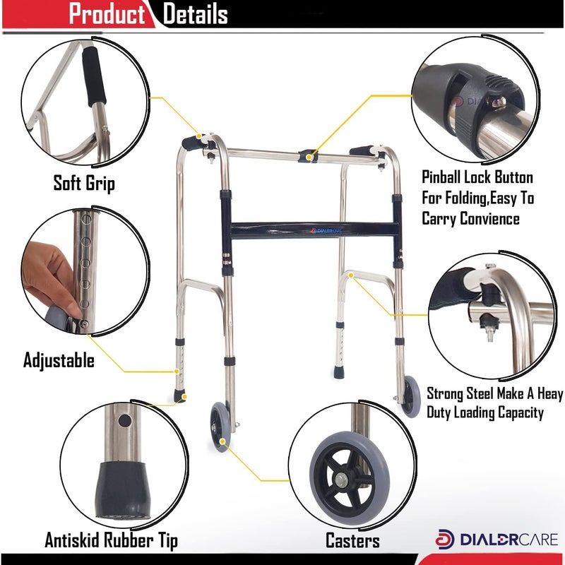 DIALDRCARE Foldable Lightweight Height Adjustable Walker For Old People or Handicap (Silver) (WALKER WITH WHEELS) - Image 4