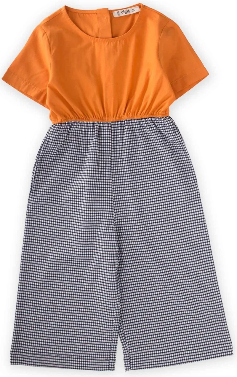 Cigit Cigit Pöti Checkered Short Sleeve Jumpsuit 2-7 Years Orange