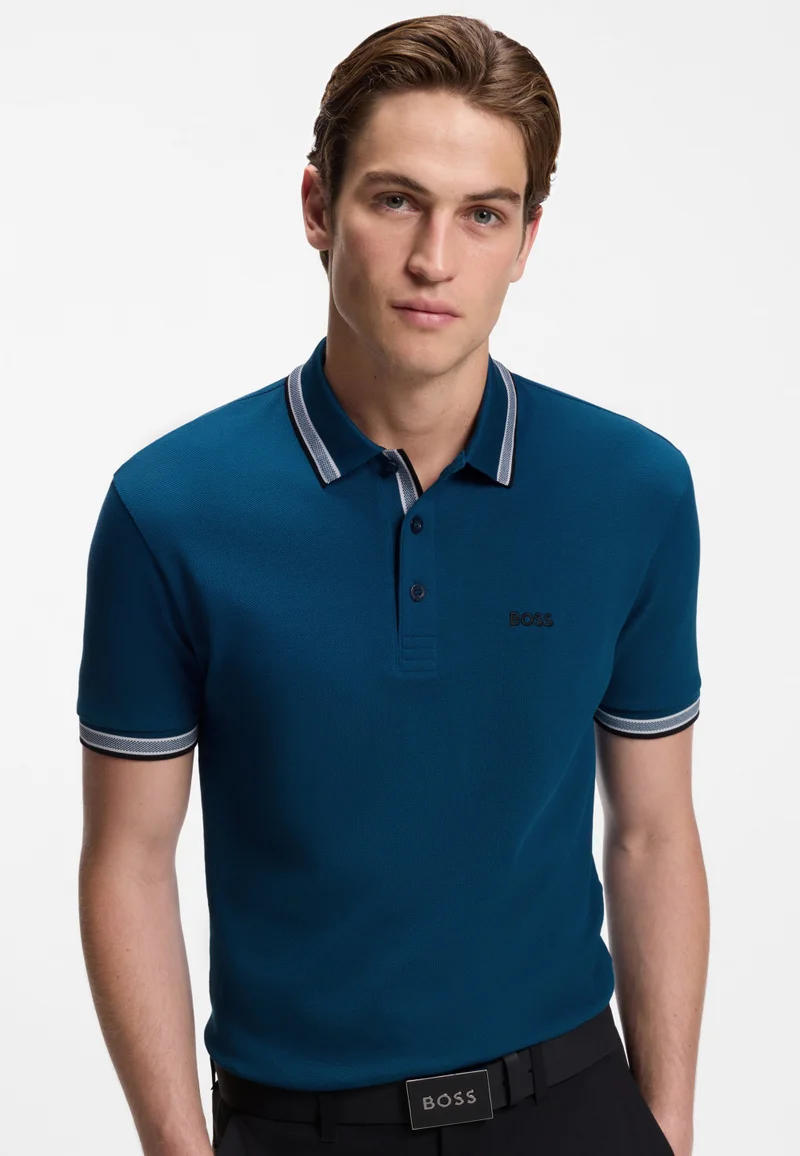 BOSS Open Blue Cotton piqué polo shirt with logo details for Men | Best Price UAE