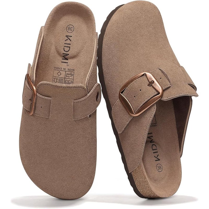 KIDMI Genuine Suede Clogs for Women Memory Foam Cork Footbed Potato Shoes Slip On Leather Mules with Big Buckle - Image 1