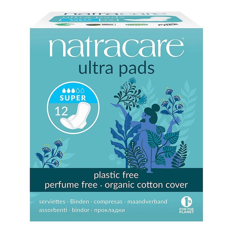 Natracare Slim Fitting Ultra Pads with Wings Super Made with Certified Organic Cotton Ecologically Certified Cellulose Pulp and Plant Starch 1 Pack 12 Pads Total