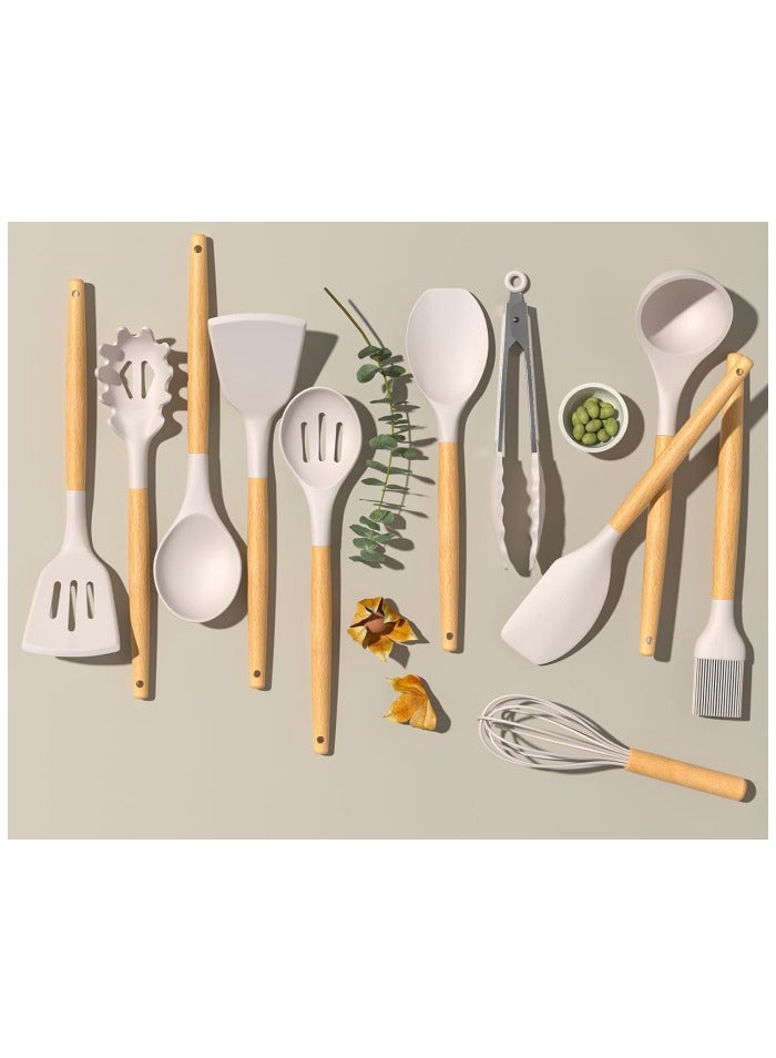Kitchen Cooking Utensils Set, 12 pcs Non-Stick Silicone Cooking Kitchen Utensils Spatula Set with Holder, Wooden Handle Silicone Kitchen Gadgets Utensil Set - Image 2