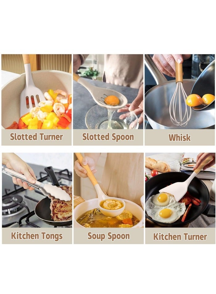 Kitchen Cooking Utensils Set, 12 pcs Non-Stick Silicone Cooking Kitchen Utensils Spatula Set with Holder, Wooden Handle Silicone Kitchen Gadgets Utensil Set - Image 3